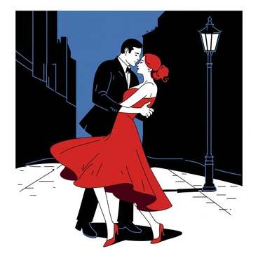 A couple performing a passionate tango in the middle of a deserted street at midnight