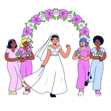 A bride wearing a white gown with delicate lace detailing and a flowing train is making her entrance. She is walking under a floral canopy adorned with vibrant flowers in shades of pink, white, and green. Her long veil trails behind her, gently fluttering in the breeze. Accompanying her are three bridesmaids, each wearing matching pastel dresses. They are smiling and holding small bouquets of flowers that complement the floral canopy. The scene captures the joyful moment as they walk together towards the wedding venue.