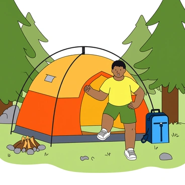 A person with medium skin tone wearing a bright yellow t-shirt and green shorts is standing outside a colorful camping tent. The tent is pitched on a soft patch of grass, surrounded by tall green trees and scattered rocks. The person is performing calf raises, lifting their heels off the ground, with hands placed on their hips. Sunlight filters through the leaves, casting playful shadows on the ground, while a small campfire, with a few logs around it, can be seen nearby. A blue backpack is leaning against the tent. The scene captures a vibrant morning atmosphere in the woodland campsite.