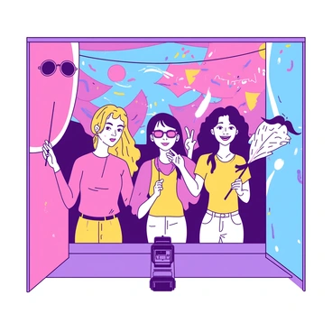 A group of four friends is standing inside a vibrant photo booth, posing for pictures. The friends are holding various quirky props like oversized sunglasses, a large feather boa, and a funny mustache on a stick. One friend is making a silly face while another is throwing up peace signs. The background of the booth is decorated with colorful streamers and bright patterns. Each of them is wearing bright outfits that add to the playful atmosphere of the scene. A camera flash is visible, capturing their joyful expressions.