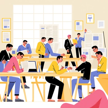 A bustling newsroom in Paris filled with activity and energy. Reporters are sitting at their wooden desks, typing away on vintage typewriters and modern laptops. Some reporters have papers scattered around them, while others are focused on their screens. In the background, editors are standing near a large bulletin board covered in article headlines and photographs, reviewing articles. Large windows allow sunlight to stream into the room, creating a lively atmosphere. The walls are adorned with framed photographs of famous journalists and newspaper front pages.