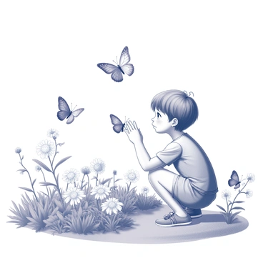 A child with short hair is crouched down, curiously inspecting vibrant butterflies fluttering around in a garden. The child is wearing a t-shirt and shorts, displaying an expression of wonder. Surrounding the child are various flowers in bloom, providing an inviting environment for the butterflies. The butterflies, in different shapes and sizes, are perched on nearby blooms or caught mid-flight. The scene captures a moment of exploration and fascination within a lush garden setting.