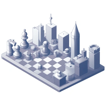 A panoramic view of a cityscape from a high vantage point. The layout of the city resembles a chessboard, with streets forming a grid pattern. Various buildings act as chess pieces, with some structures towering like rooks, while others are shaped like knights and bishops. The scene captures a dense urban environment, featuring a mix of residential and commercial buildings, each with unique architectural details. The rooftops of the buildings vary in height and design, adding to the complexity of the chessboard pattern.