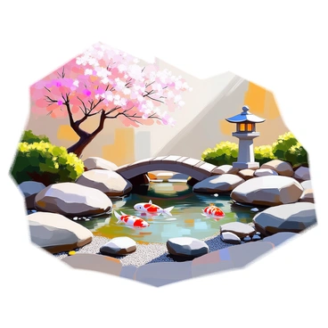 A tranquil koi pond surrounded by smooth rocks and lush greenery, integrated into a traditional Japanese zen garden. The pond is filled with colorful koi fish swimming gracefully beneath the surface. Nearby, meticulously raked gravel creates soothing patterns, and a few polished stones are placed strategically around the pond. Delicate cherry blossom trees with pink flowers extend their branches over the water, while a small wooden bridge arcs gracefully over one section of the pond. In the background, a simple stone lantern stands, enhancing the serene atmosphere of the garden.