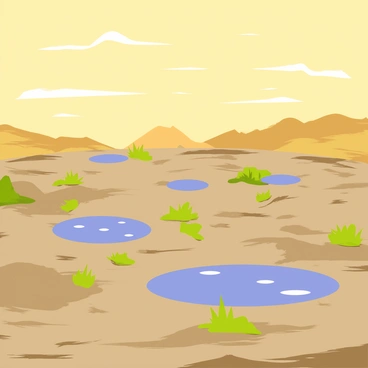 A landscape of ancient Earth with a rocky, textured crust displaying various shades of brown and gray. Small pools of water are scattered across the surface, reflecting the sunlight. Primitive life forms such as mossy green algae cover the rocks, and small lichen-like structures emerge from the ground. A yellowish sky indicates a different atmospheric composition, with wispy clouds floating across. In the distance, there are rolling hills made of uneven terrain, and hints of volcanic activity can be seen with plumes of smoke rising into the atmosphere.