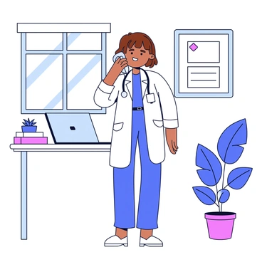 A doctor with short brown hair is standing in a bright office. They are wearing a white lab coat with a stethoscope around their neck. The doctor is holding a phone to their ear with a focused expression. In the background, there is a desk with a laptop, a few medical books, and a potted plant. A framed certificate is hanging on the wall, and a window allows natural light to come in.