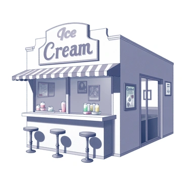 A retro ice cream shop with an inviting atmosphere. The exterior features a large, prominently displayed sign that reads "Ice Cream" in bold lettering. The shop has a classic facade with large glass windows, allowing a view of the interior. Inside, there are several vintage stools arranged around a counter made of polished marble. Behind the counter, there are various containers displaying a selection of delicious ice cream flavors. The walls are adorned with nostalgic decorations, enhancing the vintage charm of the shop.