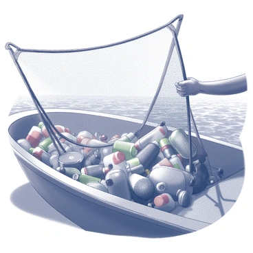 A fishing net being pulled from the surface of the ocean. The net is densely packed with various types of trash, including plastic bottles, pieces of metal, and discarded fishing gear. The ocean is visible in the background, with gentle waves lapping against the sides of the boat from which the net is being retrieved. The hands of a fisherman grasp the edges of the net, showing signs of wear from frequent use. Sunlight filters through the water, casting soft shadows on the contents of the net.