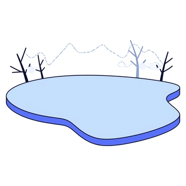 A tranquil lake with a smooth, reflective surface, covered by a thin layer of ice. The ice has a frosty blue hue, shimmering slightly in the morning light. Wisps of mist rise gently from the water's surface, creating a soft, ethereal atmosphere. Surrounding the lake are silhouette outlines of bare trees, their branches stretching upwards. In the background, faint mountain peaks are visible, partially obscured by the mist.