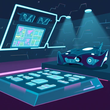 An inside view of the Batcave with sleek, dark walls made of polished stone. In the foreground, a sophisticated control panel displays numerous buttons and holographic interfaces. Various high-tech gadgets are prominently showcased, including grappling guns, batarangs, and digital maps. In the background, a sleek black Batmobile is parked, its aerodynamic design highlighted by glowing accents. Shadows cast by overhead lights create a dramatic atmosphere, enhancing the advanced technology surrounding the scene. A large screen displays surveillance feeds, adding to the high-tech ambiance of the Batcave.