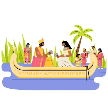 Cleopatra is sitting gracefully in a beautifully adorned barge as it sails down the Nile River. The barge features intricate golden decorations and colorful patterned fabrics draping around it. There are lush green reeds and palm trees lining the riverbanks, creating a natural backdrop. Cleopatra is wearing a regal gown with vibrant colors and jewels, while her headdress glistens in the sunlight. A group of attendants stands at the sides of the barge, holding ornate fans and looking attentive. The water of the Nile reflects the clear blue sky, enhancing the vibrant scene.