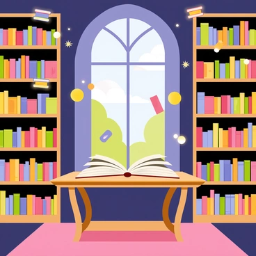 An enchanted library with tall, wooden shelves filled with colorful books. Books are floating in the air, arranged in whimsical clusters as if caught in a gentle breeze. Soft, glowing orbs of light hover around the room, illuminating the shelves and casting a warm glow. A large, ornate window allows moonlight to filter into the space, creating a magical atmosphere. In the center, an antique wooden table is adorned with a few open books, their pages fluttering as if animated by an unseen force.