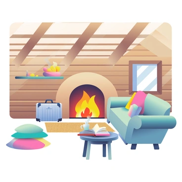 A cozy cabin interior features wooden walls and beams. A warm, glowing fireplace is at the center, with flames flickering brightly. A Rimowa suitcase, silver in color, is placed next to the fireplace on a woven rug. The cabin is adorned with soft, plush furniture, including a large, inviting sofa with colorful throw pillows. A small wooden coffee table sits in front of the sofa, holding a steaming mug and an open book. Soft light filters in through a window, casting gentle shadows around the room.