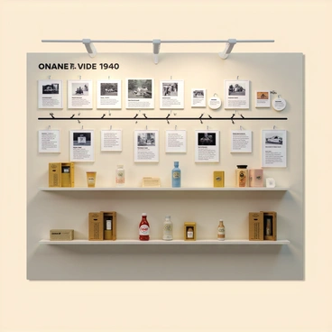A wall display set in a museum, featuring an organized timeline showcasing the evolution of a brand over the years. The display includes framed images and photographs, each highlighting significant milestones in the brand's history. Accompanying each photograph are small text descriptions that explain the changes in logo, product design, and marketing strategies. The background of the display is a soft beige color, allowing the contents to stand out. There are also three-dimensional items such as vintage products and packaging prominently placed on shelves beneath the timeline. The overall composition is informative and visually engaging.