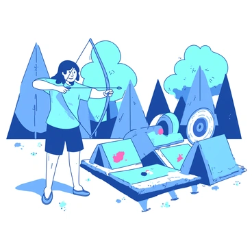 A person is standing in their backyard, focused on practicing archery. They are wearing a light blue shirt and dark shorts, holding a sleek bow. In front of them, there are several homemade targets made from various materials, such as cardboard and hay bales. Each target is slightly different in size and shape, decorated with colorful paint splatters. The person draws back the string of the bow, aiming carefully at the closest target, while a few arrows are scattered on the grass around their feet. Behind them, there are trees surrounding the yard, adding a natural frame to the scene.