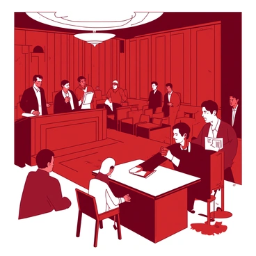 A red courtroom filled with rows of wooden benches. In the center, there is a tense scene unfolding around a notorious defendant sitting at a white table, looking apprehensive. The judge, wearing a black robe, is seated at an elevated white bench, peering down at the defendant with a serious expression. A group of jurors can be seen in the background, their faces showing a mix of curiosity and concern. Lawyers on both sides stand, one gesturing emphatically while the other listens intently, holding a thick white file. Overhead, a bright white chandelier casts light on the scene, emphasizing the intensity of the moment. The atmosphere is thick with suspense as everyone awaits the next word.