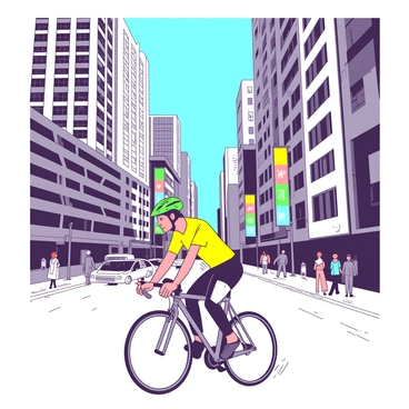 A yellow cyclist in a vibrant green helmet is speeding through a busy city street filled with tall gray skyscrapers. The cyclist is leaning forward, showcasing a dynamic motion, with one foot pushing down on the pedal. Surrounding the street are various pedestrians walking and cars moving, creating a sense of liveliness. Bright banners and signs in different colors adorn the buildings, contributing to the urban atmosphere. The sky above is a clear blue, providing a vivid contrast to the cityscape below.