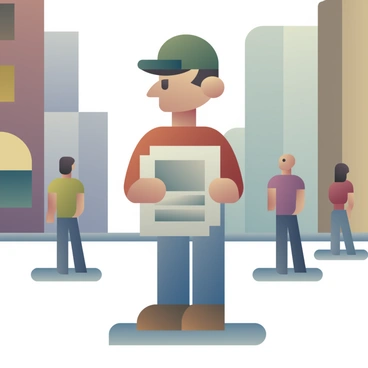 A young newsboy holding a stack of newspapers, standing on a busy city street corner with pedestrians walking by and tall buildings in the background.