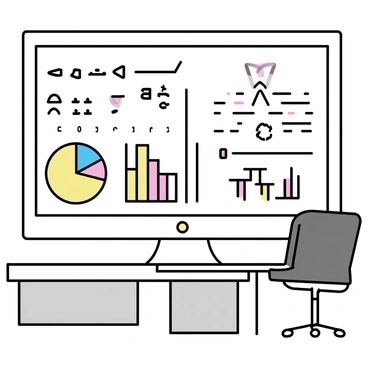 A large digital screen displaying an infographic filled with various charts and icons. The screen features a pie chart in vibrant colors, a bar graph with labeled axes, and several icons representing different data points. In the background, an office setting with a wooden desk and a chair can be seen. The office walls are painted a neutral color, creating a professional atmosphere.