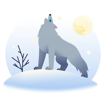 A lone gray wolf stands atop a snowy hill, its fur glistening under the moonlight. The wolf has bright, piercing blue eyes and its head is tilted back as it howls at the full moon, which is shining brightly in the night sky. The surrounding snow reflects the moon's light, creating a soft glow on the hill's surface. In the background, a few bare trees are silhouetted against the starry sky, adding to the tranquil yet wild atmosphere of the scene.
