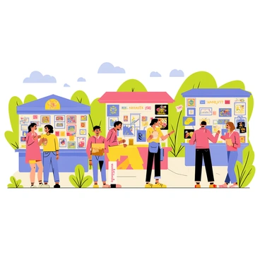 A vibrant outdoor fair featuring several stalls filled with colorful artworks and crafts. Each stall showcases unique pieces inspired by "Emily Nash's style," with intricate designs and creative displays. People of various ages are browsing and admiring the creations, interacting with the artists. Banners and signs hang from the stalls, highlighting the different types of crafts available, such as paintings, handmade jewelry, and decorative items. Lush greenery surrounds the fair, and a bright blue sky overhead adds to the cheerful atmosphere.