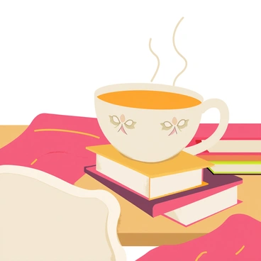 A teacup filled with "warm fire cider" sits on a wooden table. The teacup has a delicate floral design, and steam rises gently from the surface of the cider. Surrounding the teacup are several "cozy blankets" in various shades of red and cream, neatly folded and draped. A stack of "books" with colorful spines is placed nearby, some slightly open with pages curling. The background features soft lighting that creates a warm and inviting atmosphere.
