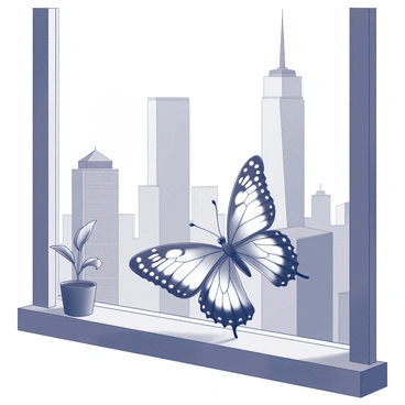 A single butterfly perched on a city windowsill. The butterfly has delicate wings, intricately patterned with details that highlight its unique features. In the background, several tall skyscrapers rise prominently against the sky, showcasing a mix of architectural styles. The windowsill is adorned with a small potted plant, adding a touch of nature to the urban scene. The overall composition emphasizes the contrast between the fragile butterfly and the solid, structured buildings.
