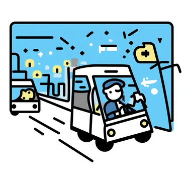 A bus driver, wearing a dark uniform and a cap, is seated at the wheel of a bus. The bus is illuminated by the warm glow of streetlights lining the streets. The city is depicted with tall buildings and sparse traffic. The night sky is filled with stars, and the atmosphere reflects a calm urban environment. The bus is in motion, with blurred lines indicating movement as it weaves through the city streets.