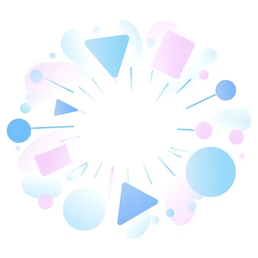 A dynamic arrangement of geometric shapes in various sizes is radiating outward from a central point. The shapes include triangles, circles, and rectangles, each filled with vibrant gradient pastel colors. Lines connecting the shapes create a sense of movement and energy. The background features a soft wash of complementary pastel tones that enhances the overall composition, giving a feeling of depth and dimension to the scene.