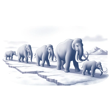 A herd of mammoths traversing a vast frozen tundra. The scene showcases several large, shaggy mammoths with long, curved tusks, moving in a line across the icy landscape. The ground is covered in a thick layer of snow, with patches of frosty grass peeking through. In the background, there are distant mountains capped with ice, and wisps of frosty mist rising from the cold ground. A few mammoths are depicted interacting, with one playfully nudging another. The sky above is overcast, suggesting a cold atmosphere.