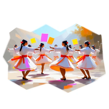 A group of dancers performing a cultural dance, dressed in traditional attire that represents their heritage. Each dancer exhibits intricate footwork and expressive movements as they convey emotions of loss and remembrance. The dancers are gathered in a circle, with some holding colorful banners that symbolize their homeland. The setting is a natural landscape, with gentle rolling hills and trees in the background, enhancing the sentiment of nostalgia in the performance. The expressions on their faces reflect a deep connection to their past, blending joy and sorrow in the dance.