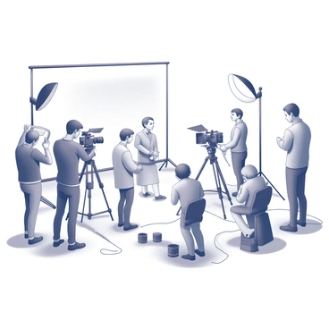 A view from behind the camera on a video shoot. There are multiple crew members adjusting lights that are mounted on stands, casting illumination on the set. A camera operator is focused on the scene, with a large camera mounted on a tripod and various lenses lying nearby. Other crew members are busy setting up equipment and monitoring sound levels. Cables are spread across the floor, connecting different devices, while a director can be seen discussing details with the actors in front of the camera. The atmosphere is filled with activity and focus as everyone works together to create the production.