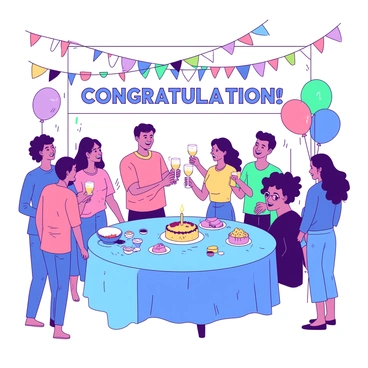 A group of people is gathered in a room decorated with colorful streamers and balloons. A large "Congratulations" banner hangs on the wall. In the center, a round table is set with a blue tablecloth and an assortment of snacks and drinks. Some individuals are toasting with glasses filled with a yellow beverage, while others are engaging in lively conversation with smiles on their faces. A cake with a lit candle is placed on the table, ready to be cut for the celebration.