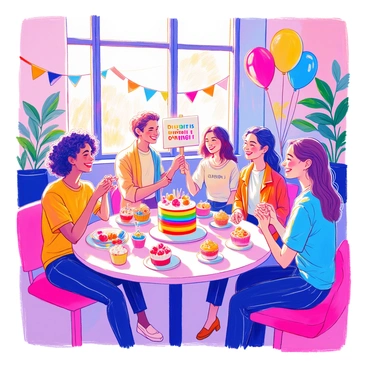 An office environment features a small gathering with coworkers celebrating diversity. The space is adorned with colorful pride flags and decorations. There is a table set up with a rainbow cake and assorted snacks, including fruit platters and colorful cupcakes. Coworkers of various ethnicities and backgrounds are smiling and engaging in conversation. One person is holding up a sign that reads "Diversity is Our Strength," while another is wearing a pride-themed t-shirt. Balloons in vibrant colors float around the room, adding to the festive atmosphere. A large window lets in natural light, highlighting the joyful expressions of the participants.