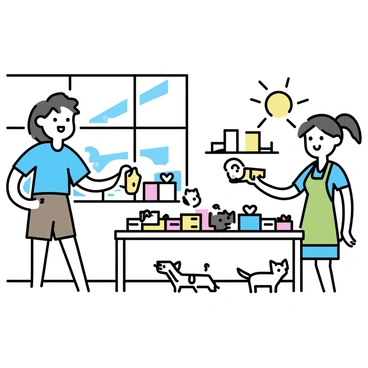 A volunteer, wearing a blue t-shirt and brown shorts, is standing near a table filled with assorted food packages and colorful toys in an animal shelter. The shelter has various small dogs and cats in the background, some of which are playing with toys. The volunteer is handing a bag of dog food to a shelter staff member who is wearing a green apron. Bright sunlight streams through the windows, illuminating the space and creating a lively atmosphere. The walls of the shelter are decorated with images of happy animals, enhancing the sense of activity and care.