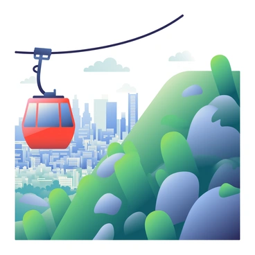 A cable car with a bright red exterior is ascending a steep hill. The cable car has large windows, allowing for wide visibility of the surroundings. The hill is covered with lush green trees and rocky outcrops. In the background, a sprawling city is visible, with numerous buildings displaying a variety of architectural styles, some towering high into the sky. The skyline of the city includes a mix of modern skyscrapers and traditional structures. The sky above is clear with a few fluffy white clouds scattered throughout. The scene captures the dynamic movement of the cable car as it climbs higher, emphasizing the expansive views below.