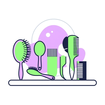 A collection of various hairbrushes arranged on a shelf. There are round brushes with mixed bristles, wide paddle brushes, and fine-toothed combs. Each brush has a unique handle shape, some being sleek and straight while others are curved or ornate. The brushes are organized in a way that showcases their diverse sizes and forms. In the background, a small mirror reflects the arrangement, enhancing the overall display.