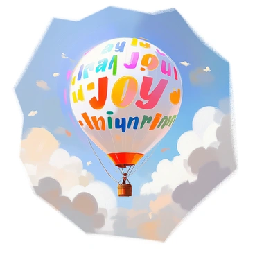 A large, round speech balloon is drifting high in the sky, surrounded by fluffy white clouds. The balloon is filled with vibrant words and phrases, each letter carefully crafted in various colors, including bright red, sunny yellow, deep blue, and rich green. These words express joy, inspiration, and creativity, swirling and intermingling within the balloon. The sun casts a warm glow, highlighting the colorful text as it catches the light. The background is a clear blue sky, enhancing the playful and whimsical scene.