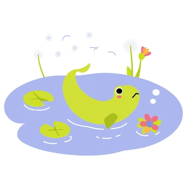 A small green tadpole with a rounded body and a long tail is swimming near the surface of a clear blue pond. The tadpole's eyes are wide, and it is surrounded by delicate ripples in the water. Gentle wind-blown dandelion seeds float above the pond, casting soft shadows on the water's surface. Lush green lily pads with vibrant flowers dot the scene, adding pops of color to the tranquil environment.