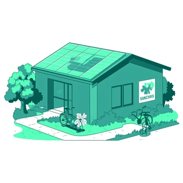 A teal Sanchay Plus branch building features a modern design with large windows that allow ample natural light. On the roof, there are several neatly arranged solar panels capturing sunlight. The exterior of the building showcases various eco-friendly elements, including a small garden with white flowering plants located at the entrance. A bike rack is positioned nearby, accommodating several bikes, emphasizing sustainability. The surrounding area has a pathway lined with white stones leading to the branch, enhancing the overall green appeal.