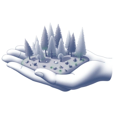 A pair of hands gently cradles a miniature forest. The forest is densely populated with various trees, showcasing a rich array of foliage. Small animals such as squirrels, birds, and insects can be seen amidst the trees, adding life to the scene. The hands are positioned in a way that suggests care and protection over the small ecosystem, while the intricate details of the wildlife and vegetation create a sense of harmony within the setting.