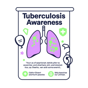 A poster promoting tuberculosis awareness. The design features a central bold graphic of a lung with a prominent graphic representation of bacteria within it. Surrounding the lung graphic, there are various symbols representing health and prevention, such as a stethoscope and a shield. At the top of the poster, the words "Tuberculosis Awareness" are displayed in large, eye-catching text. Below the lung graphic, there are additional messages about symptoms and prevention methods in smaller text, all clearly legible. The overall layout is dynamic and attention-grabbing, emphasizing the importance of awareness and action.