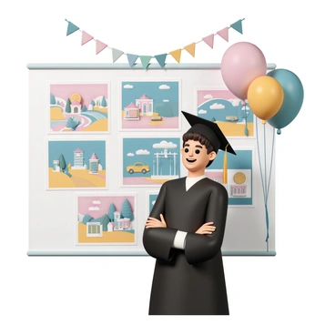 A student, wearing a black graduation cap and gown, is standing proudly in front of a large display board filled with colorful illustrations. The illustrations depict various scenes, showcasing their artistic skills with bold colors and detailed designs. The student has a wide smile, their arms crossed over their chest, and is looking at the artwork with a sense of accomplishment. The background features a festive atmosphere with balloons and banners celebrating the graduation event.