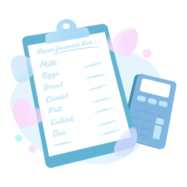 A clipboard is positioned flat with a neatly written grocery list that includes various items, each accompanied by its corresponding price. The list features items like "Milk", "Eggs", "Bread", and "Fruits". Beside the clipboard, there is a calculator with visible buttons and a small display screen. The calculator is resting on a smooth surface, and the overall composition is orderly, showcasing a practical setting for planning a shopping trip.