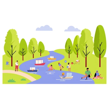 A picturesque riverside scene featuring a gently flowing river in the center. On the water, there are several colorful boats, some with sails and others with oars, floating peacefully. Along the banks of the river, there are tall green trees with lush foliage, providing shade. People are sitting on the grass, enjoying a picnic, while others are walking along a winding path. Some individuals are dipping their feet into the water, and a few children are playing nearby with a frisbee. The sky above is bright blue with a few fluffy white clouds scattered throughout.