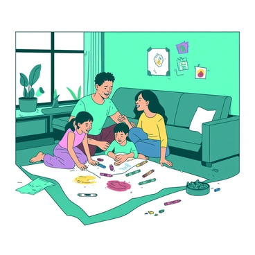 A teal living room fills with the sounds of laughter as a family of four sits together on a white rug. The parents, a man and a woman, are crouched down beside two children, a boy and a girl. Each family member holds colorful crayons in their hands. They are focused on a large piece of white paper spread out in front of them, which is covered in vibrant drawings. Crayon wrappers in various colors are scattered around, and a few finished pieces are taped to a nearby wall. The atmosphere is lively and fun, capturing the joy of creativity and togetherness.