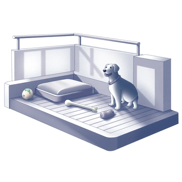A designated pet area on a yacht features a small, cushioned dog bed situated on a wooden deck. Next to the bed, there are various toys scattered around, including a rubber bone and a plush squeaky toy. The area is enclosed with a low railing to ensure the safety of the dog. Sunlight filters down, creating patterns on the deck, and the water can be seen lapping against the side of the yacht nearby.