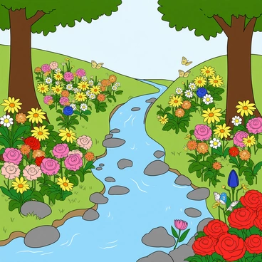 A vibrant enchanted garden filled with an array of colorful blooming flowers in various shapes and sizes. Bright yellow daisies and deep red roses are scattered throughout, attracting a variety of delicate butterflies fluttering gracefully among them. A gentle stream winds its way through the garden, its clear water reflecting the sunlight. The stream is bordered by smooth pebbles and lush green grass. In the background, there are tall trees with leafy branches that provide shade, completing the magical atmosphere of the scene.