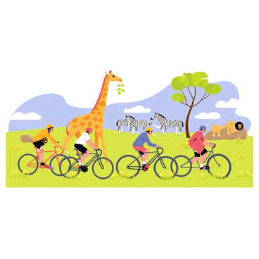 A group of four people on bicycles riding through a savanna landscape. The cyclists are wearing bright helmets and adventure gear. In the background, there are various wild animals, including a tall giraffe reaching for leaves on a tree, a cluster of zebras grazing peacefully, and a lion lounging on a rock. The sky is blue with a few fluffy clouds, and the grassy plains have patches of yellow flowers scattered throughout.