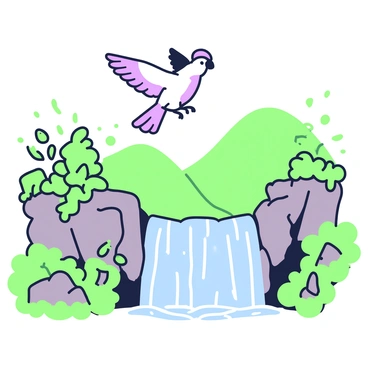 A cockatoo gliding above a cascading waterfall in a serene setting